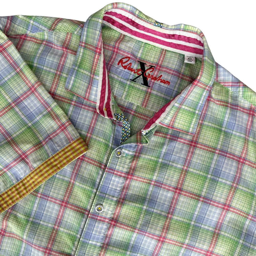 Robert Graham Mens XL Plaid Short Sleeve Button Down Shirt Green Preppy  Y2K
